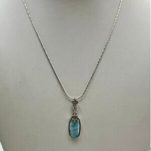 Larimar CZ Pendant Necklace Intricate Sterling Silver Setting and‎ Chain